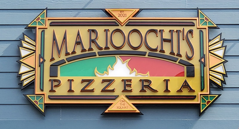 Art deco custom dimensional sign with internal lighting, Marioochi's Pizzeria, Sparta, TN